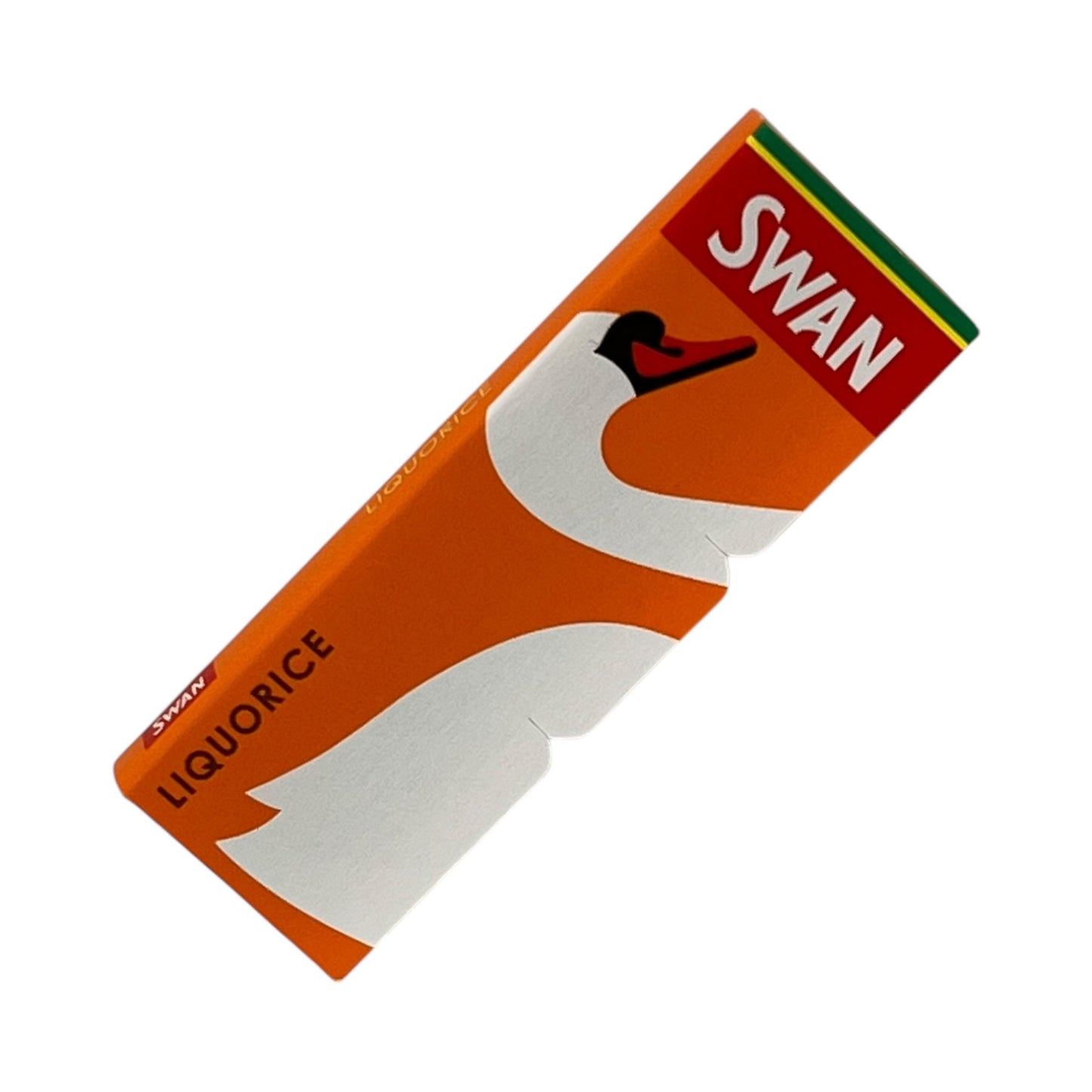Swan liquorice packaging with a white swan illustration on an orange background