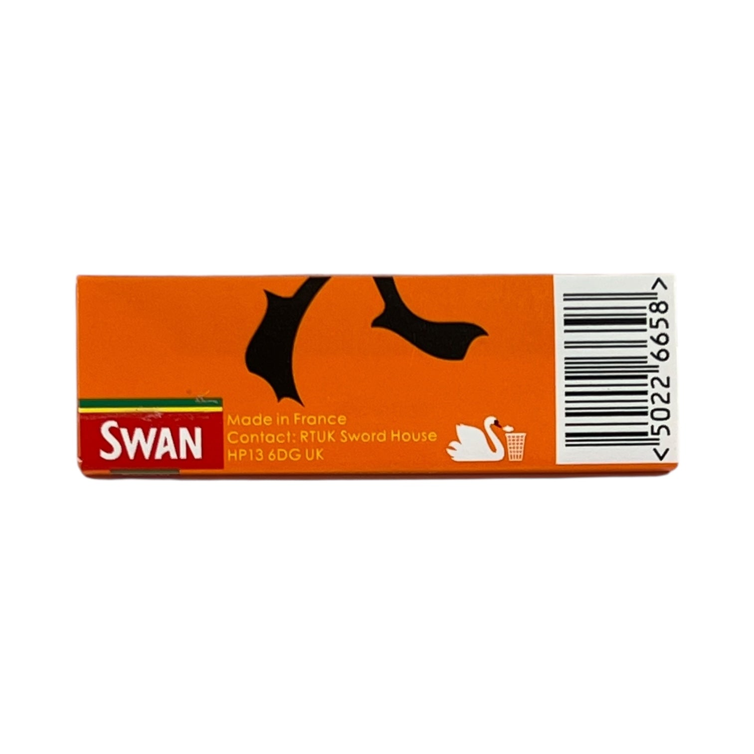 Orange packaging of Swan brand with black swan silhouette on a white background